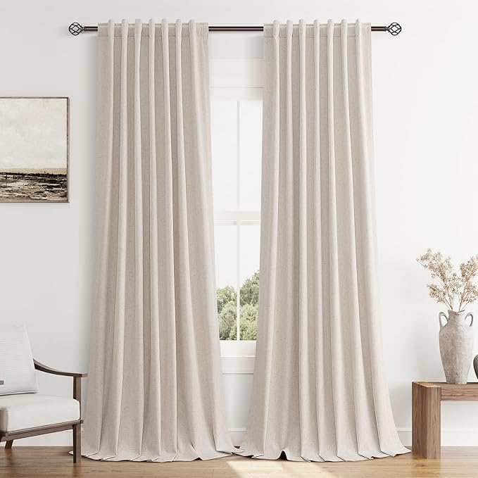 Guken Linen Blackout Curtains 120 Inch Length 2 Panels Set for Living Room Bedroom Back Tab Thermal Insulated 100% Black Out Linen Drapes Room Darkening Window Curtains 120 Inches Long, Sand Beige