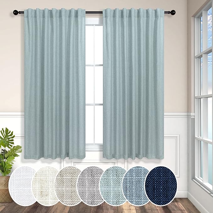 Teal Curtains 54 Inch Length for Master Bedroom 2 Panels Back Tab Pocket Blue Green Linen Semi Sheer Mist Seafoam Curtains for Living Room Summer Cabin Coastal Beach Decor Dusty Aqua Sea Green 52x54