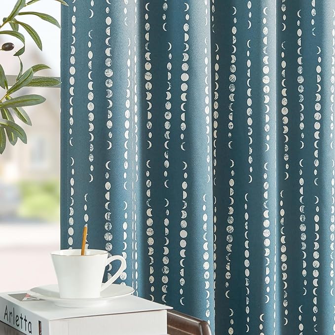 jinchan 95% Blackout Bohemian Moon Phase Print 84 Inch Long Blue Curtain Suitable for Bedroom, Living Room, Nursery, Farmhouse, Pole Mouth, Back Label, Insulated Window Treatment Set 2 Panels