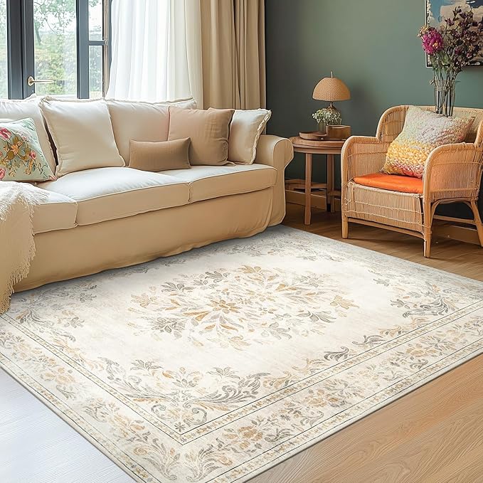 jinchan Vintage Floral 4x6 Area Rugs - Machine Washable Distressed Design Soft Ultra-Thin Low-Pile Non-Slip Carpet for Entryway Kitchen Bedroom Nursery Living Room Dining Room (4x6ft, Light Grey)