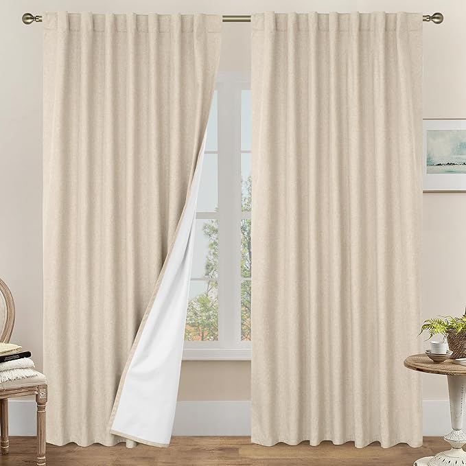LAMIT 100% Blackout Linen Curtains 95 Inches Long, Living Room Farmhouse Drapes Full Room Darkening Back Tab and Rod Pocket Panels with White Liner, 2 Panels, Linen, 60 x 95 Inch