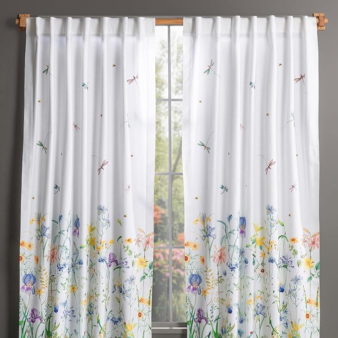 Maison d' Hermine Curtains for Living Room 100% Cotton 96 inch Length Two Panels Light Filtering Curtains for Bedroom Windows with Rod and Loop Pockets Drapes (Fleurs De Mai, 50" W x 96" L)