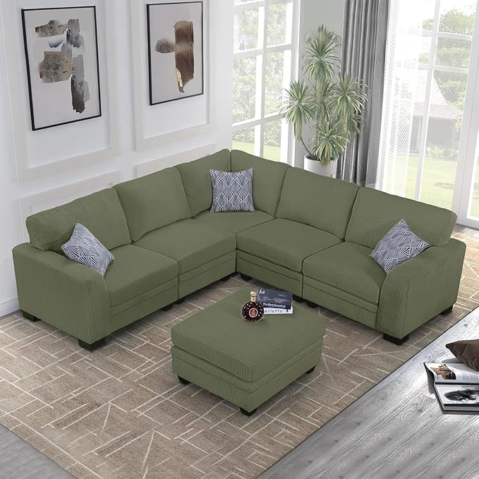 Legend Vansen Oversized Modular Sectional Sofa,6 Seat U Shaped Couch with Ottoman,Corduroy Sofa with Deep Seat,Convertible Large Sectional Couches for Living Room (Olive, L-6)