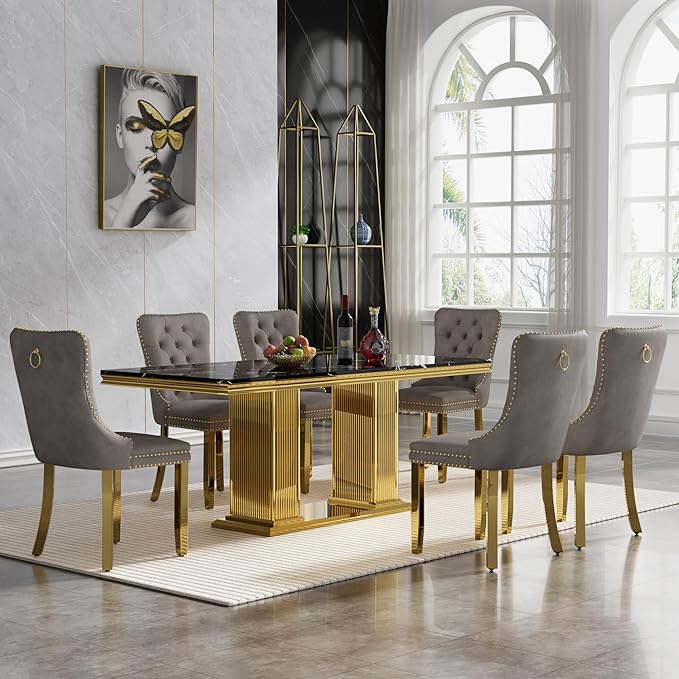 HomVent 68.11'' Faux Marble Dining Table Set for 6, Modern Rectangle Kitchen Table Set with Faux Marble Table Top & Stainless Steel Base for Kitchen Dining Room