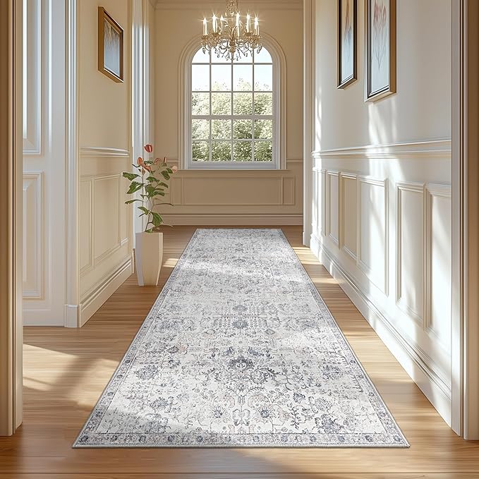 jinchan Runner Rug 3x8 Washable Hallway Rug Vintage Indoor Thin Retro Floor Cover Distressed Gray Floral Country Lightweight Non Slip Carpet for Entryway Bathroom Kitchen Bedroom Living Room Grey