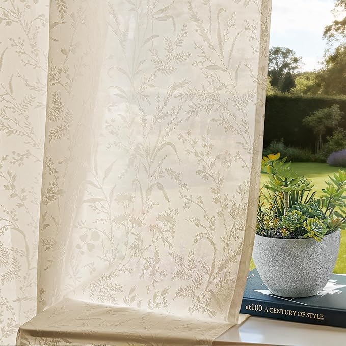 Anmao Taupe Semi Sheer Light Filtering Curtains 54 Inches Long 2 Panels, Leaf Pattern Drapes for Living Room Bedroom, Rod Pocket Sheer Window Treatments with Floral Design, 52x54 Inch