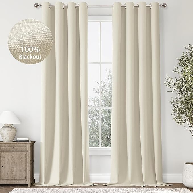 ChrisDowa 100% Blackout Birch Solid Curtains 120 Inches Long 2 Panels for Bedroom Living Room,Farmhouse Room Darkening Thermal Insulated Soundproof Grommet Top Window Treatment Drapes,52x120