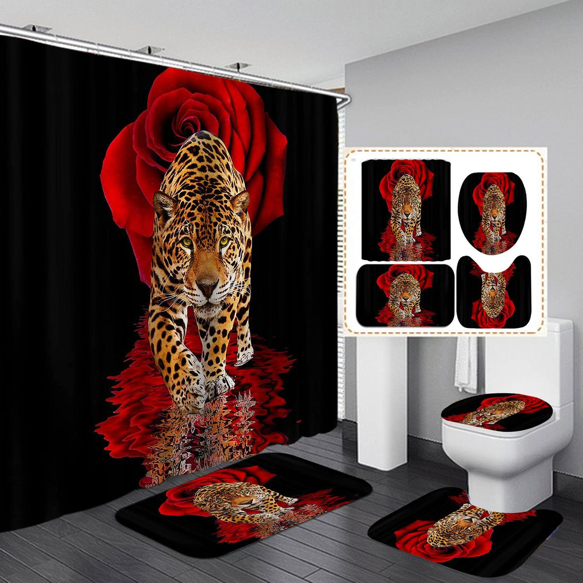 jieprom 4PCS Red Rose and Leopard Shower Curtain Set with Rugs, Toilet Lid Cover and Bath Mat, Animal Shower Curtain with 12 Hooks, Complete Bathroom Decor Set
