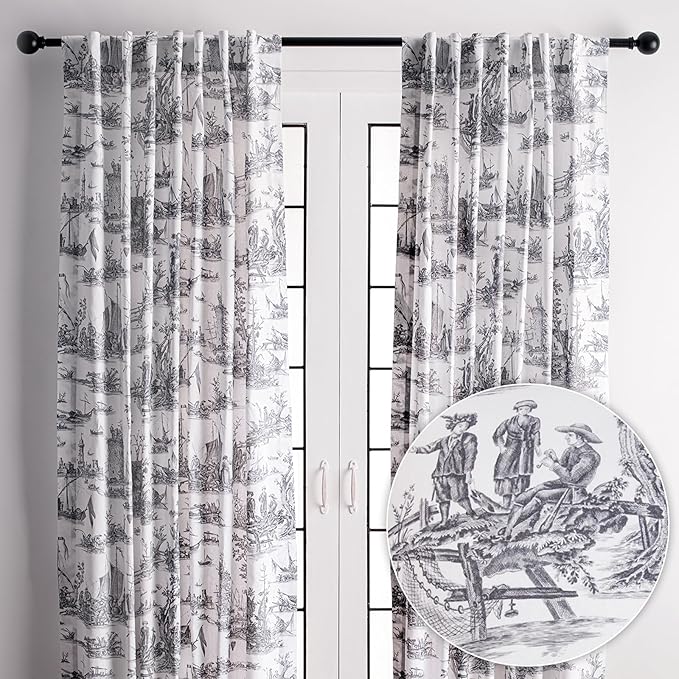Maison d' Hermine Curtains for Living Room 100% Cotton 108 inch Length Two Panels Light Filtering Toile Curtains with Rod and Loop Pockets (Calais Paloma Grey (White Background), 50" W x 108" L)