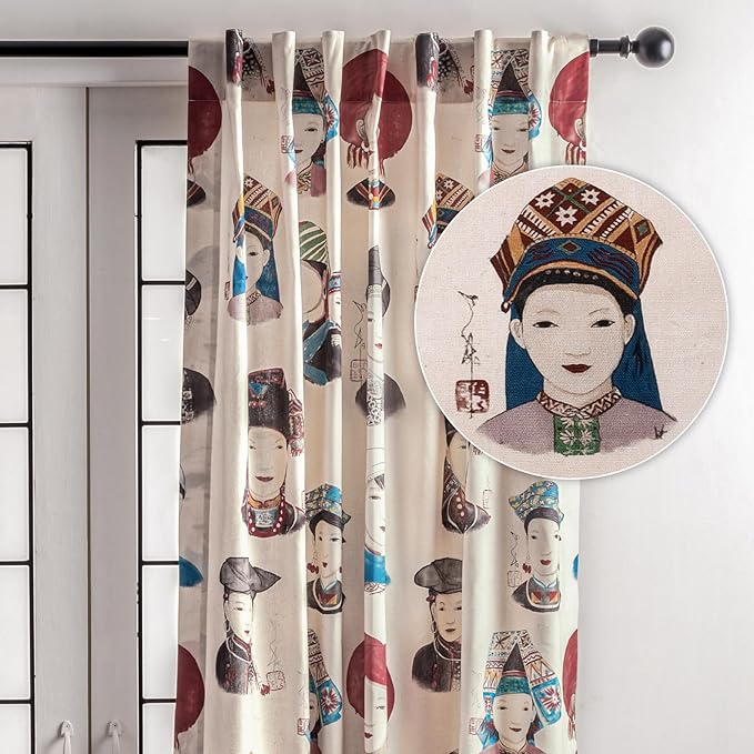 Maison d' Hermine Curtains for Living Room 100% Cotton 96 inch Length One Panel Light Filtering Curtains for Bedroom Windows with Rod and Loop Pockets Drapes (Pupeo People, 50" W x 96" L)