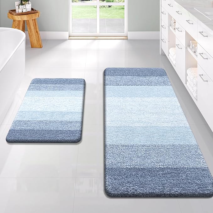 OLANLY Bathroom Rug Set 2 Piece, Soft Absorbent Microfiber Bath Rug Set, Non-Slip, Machine Wash Dry, Plush Shaggy Bath Mats for Bathroom (47"x20"+24"x16", Blue)