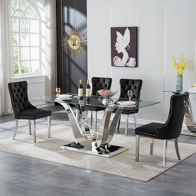 5-Piece Glass Dining Table Set w/4 Black Upholstered Dining Chairs, 70in Rectangular Large Kitchen Table Set for 4, Glass and Silver Dining Table and Chair Set for 4