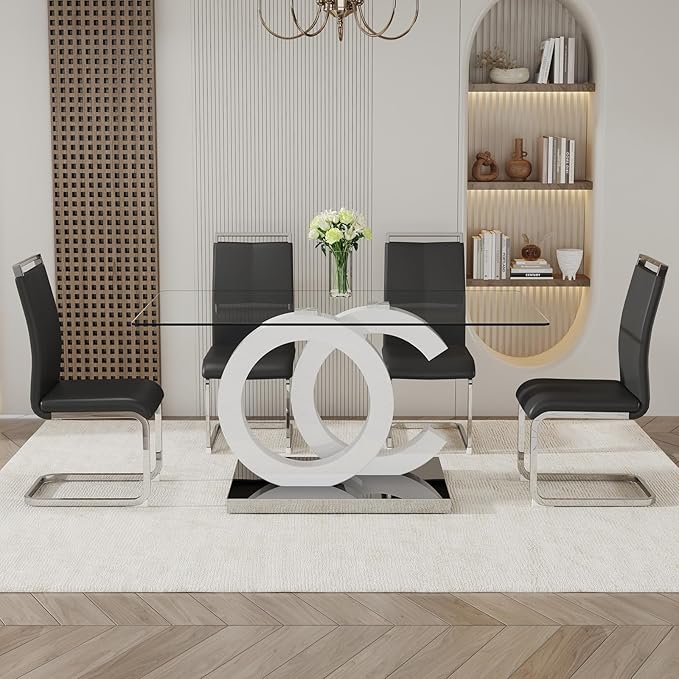Ebullient Glass Dining Table Set for 4 ，5 Piece Dining Table Set,Tempered Glass Table Top，White Modern Dining Room Table with 4 PU Leather Ergonomic Dining Chairs