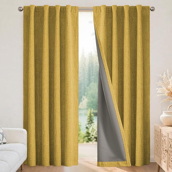 Joydeco Blackout Curtains for Bedroom - 72 Inch Long 100% Light Blocking 2 Panels Set Yellow Drapes, Thermal Insulated Room Darkening Curtains, Linen Textured for Living Room, Rod Pocket & Back Tabs