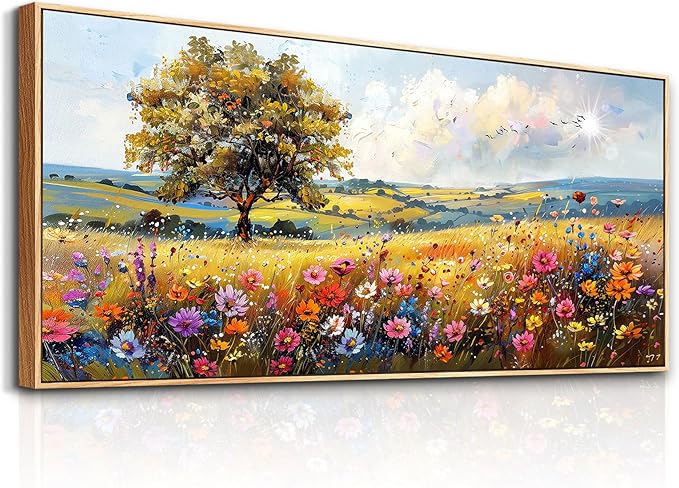 hyidecorart Farmhouse Wall Art For Living Room Pictures For Bedroom Wall Decor Natural Scenery Wall Painting Office Artwork Colorful Flowers And Trees Canvas Prints Hanging Decor Wood Framed 72x32