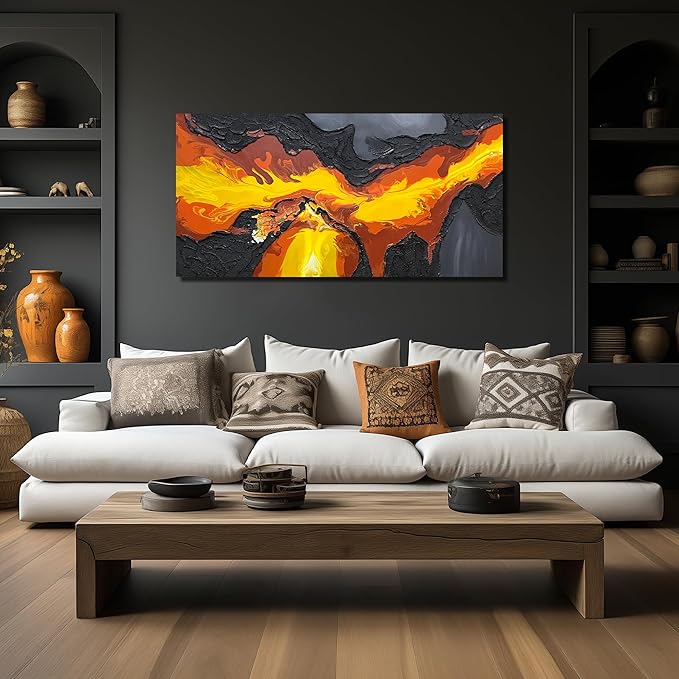 GUGIKA Abstract Wall Art for Living Room, Black and Gold Yellow Volcanic Lava Canvas Wall-Decor for Bedroom, Hand Painted 3D Textured Magma Paintings, Size 47x24 Inches