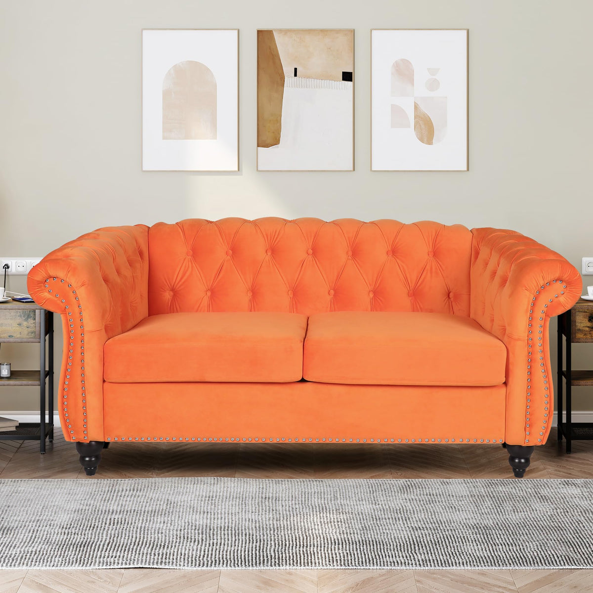 Velvet Loveseat, Chesterfield Love Seat Couch, 2 Seater Accent Sofa with Rolled Arms, Mid-Century Modern Love Seats Tufting Nailhead Trim for Living Room, Bedroom, Home Theater (Velvet, Orang)