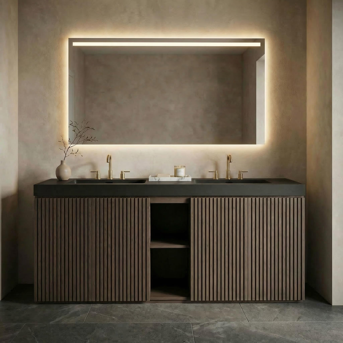 Little Tulip 72" Bathroom Vanity with Sink Combo, Mid Century Modern Bathroom Cabinet with 4 Doors & Open Shelf, Matte Black Integrated Sink with Overflow, Dark Grey Oak