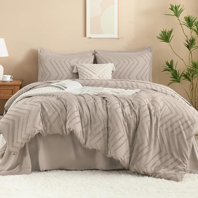 Litanika Light Coffee King Size Comforter Set with Sheets - 7 Pieces Bed in a Bag King Chevron Tufted Complete Bedding Sets with Comforter, Sheets, Pillowcases & Shams