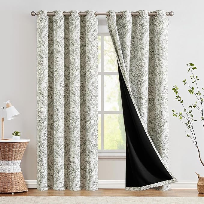 jinchan Blackout Curtains 84 Inches Long Sage Green Damask Medallion Window Curtains for Bedroom Grommet Thermal Insulated Drapes for Living Room Vintage Luxury Window Treatments Set 2 Panels