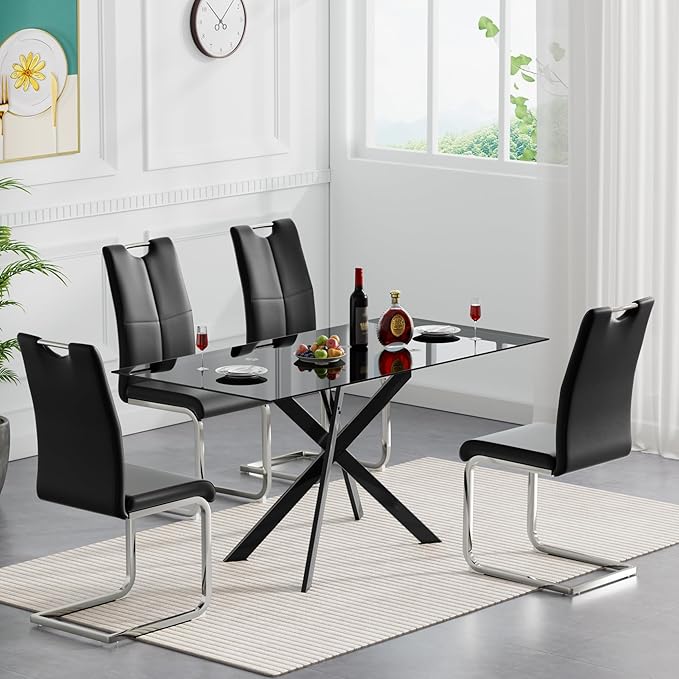 HomVent 5 Pieces Rectangular Glass Dining Table Table Set, Black Glass Dining Table Set for 4 Kitchen Table Set with 4 PU Dining Chairs for Kitchen Dining Room (Black2-Table with 4 Black Chairs)