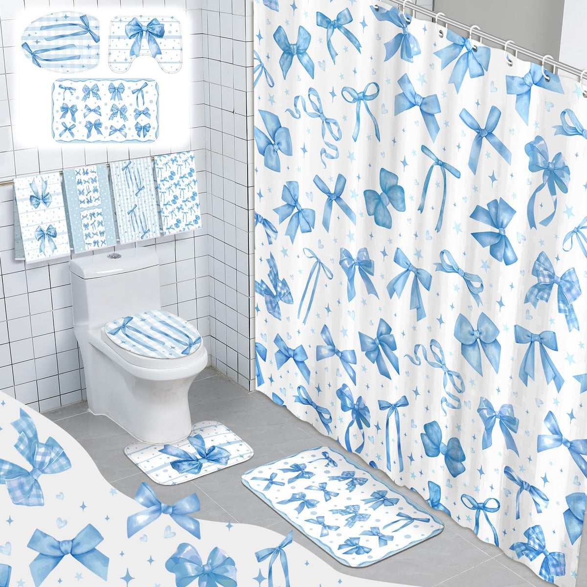 FuWeave 8 Pcs Blue Shower Curtain Set Coquette Blue Bathroom Decor Aesthetic Bow Knot Waterproof Shower Curtain Towels Non Slip Rug Toilet Lid Cover Bath Mat with 12 Hooks for Women Home Bath