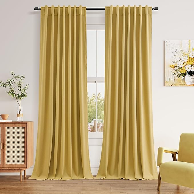 Guken Blackout Curtains 102 Inch Length 2 Panels Set for Living Room Bedroom Back Tab Thermal Insulated 100% Black Out Linen Drapes Room Darkening Window Curtains 102 Inches Long,Gold
