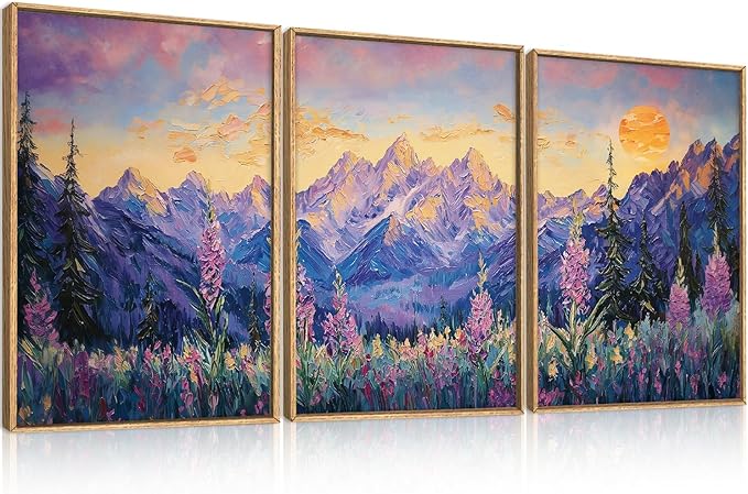 HOURIA Vintage Purple Mountain Landscape Framed Canvas Wall Art Set,Watercolor Boho Floral Tree Wall Decor,Modern Natural Soft Sunlight Field Artwork for Living Room, Bedroom,Farmhouse-24 x36 x3