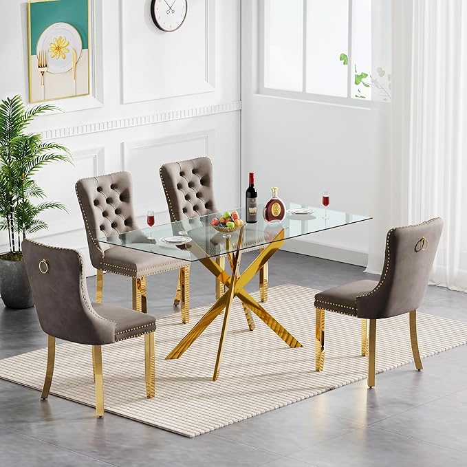 60" Glass Dining Table Set for 4, Modern Dining Room Table Set for 4, Gold X-Shape Glass Kitchen Table with 4pcs Gray Dining Chairs, 5 Piece Dining Set for Dining Living Room