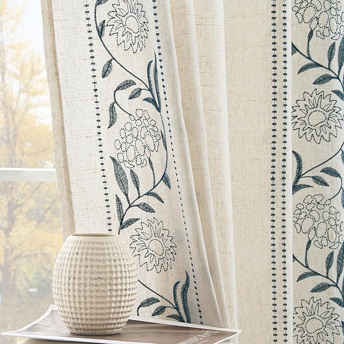 jinchan Winslow Linen Curtains for Bedroom 63 Inches Length Embroidered Bordered Floral Curtains for Living Room Farmhouse Decor Light Filtering Window Treatments Blue on Beige Drapes 2 Panels