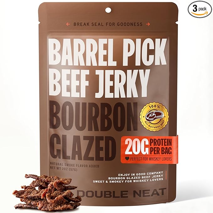 Double Neat Barrel Pick Beef Jerky, Bourbon Glazed, Sweet and Smokey, Gluten-Free, Whiskey-Infused, High-Protein, Healthy Snacks - 2 Ounces Each, Pack of 3