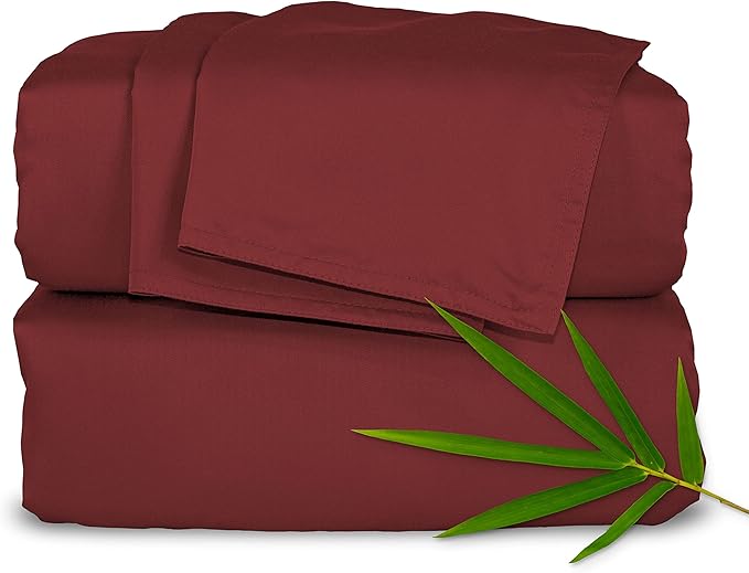 Pure Bamboo Queen Sheets, Genuine 100% Organic Viscose Derived from Bamboo Bed Sheet Set, Luxuriously Soft & Cooling, Double Stitching, 2 Year Quality Promise (Queen, Merlot)