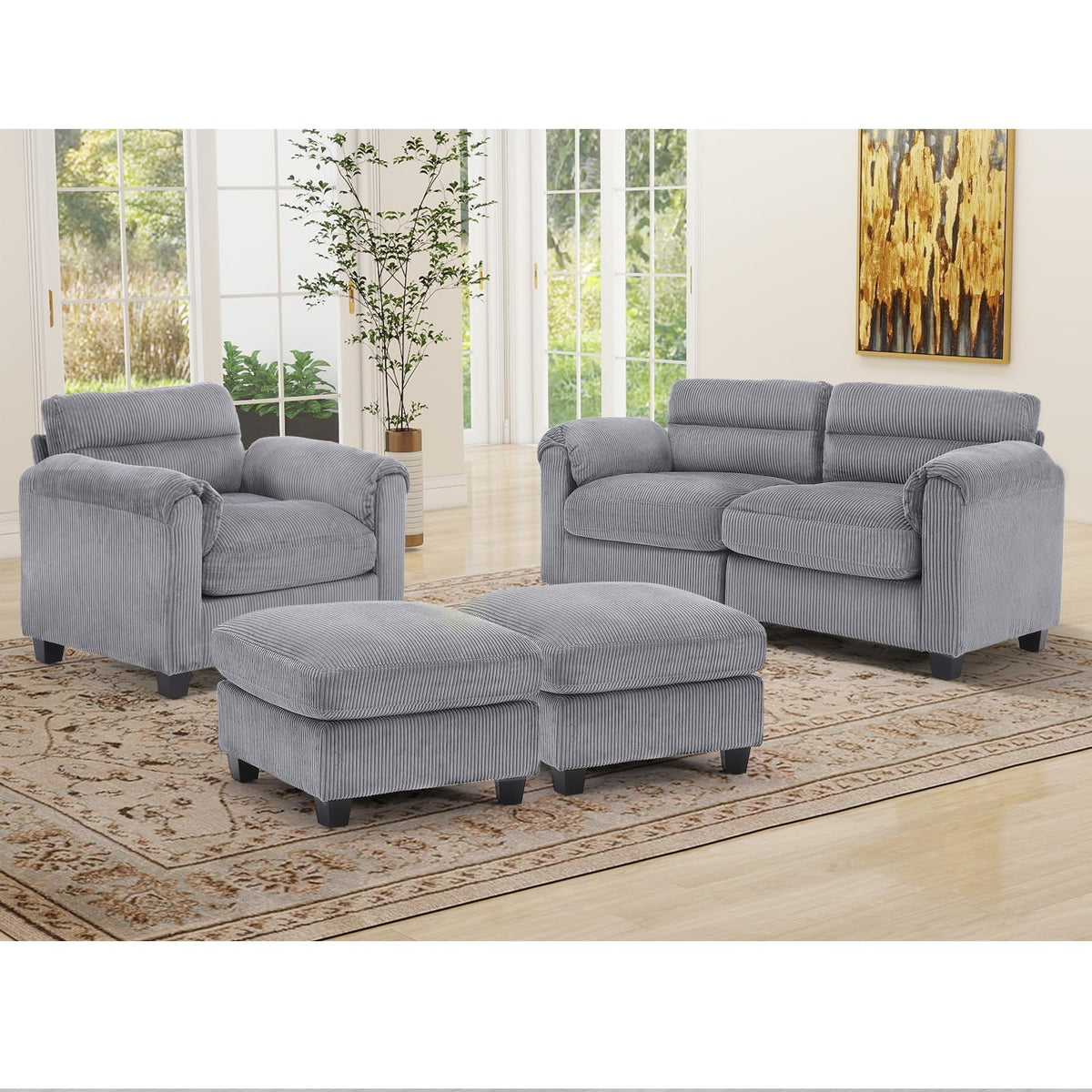 HAOMARKETS Corduroy 4-Piece Sofa Set, Upholstered Ottoman Set of 2, Accent Chair and Loveseat 2-Seater Sofa Couches with Plush Cushions and Rolled Arms, Modern Living Room Furniture Sets, Grey