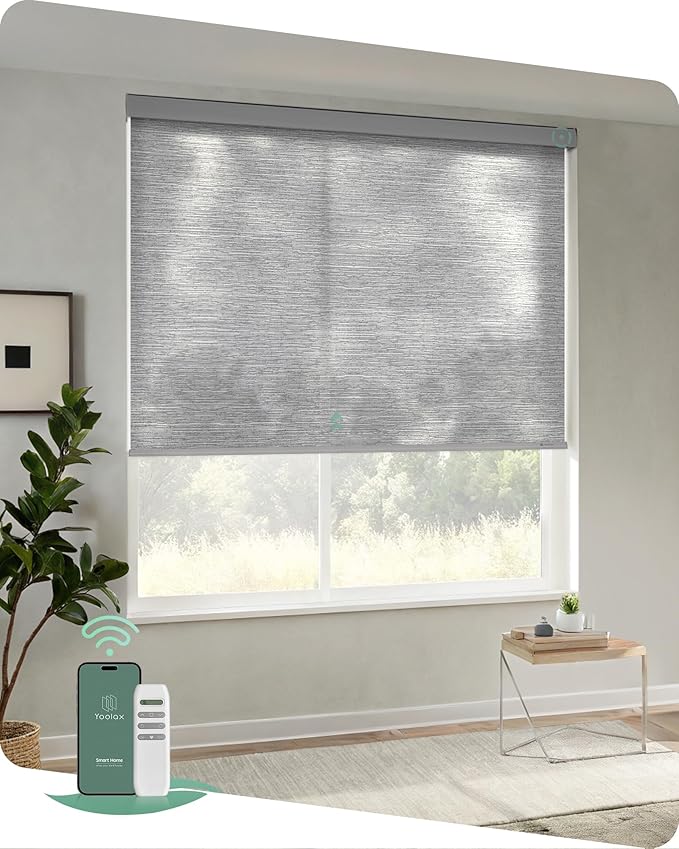 Yoolax Motorized Blinds with Remote, Light Filtering Remote Shades for Windows, Automatic Roller Shades Cordless Electric Blinds for Bedroom Living Room Office, Custom Size (Jacquard Gray)