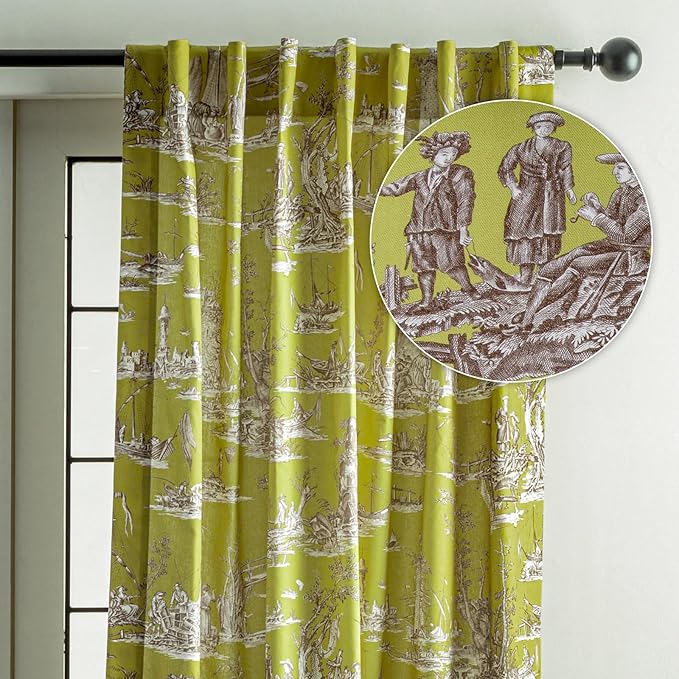 Maison d' Hermine Curtains for Living Room 100% Cotton 124 inch Length One Panel Light Filtering Toile Curtains for Bedroom Windows with Rod and Loop Pockets Drapes (Calais Celery, 50" W x 124" L)