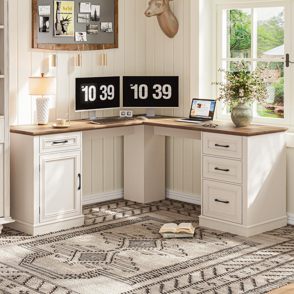 Halitaa Farmhouse 59" L-Shaped Executive Desk with Drawers, White-Brown