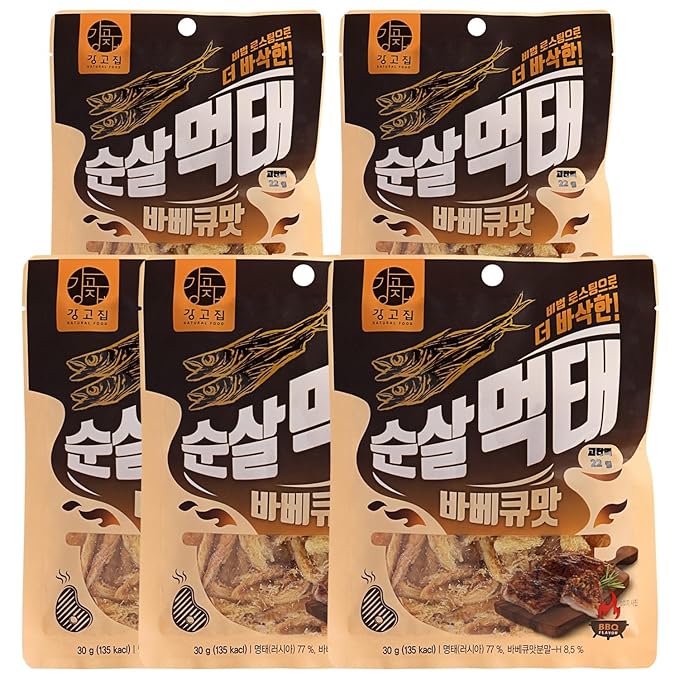 Kanggojip Roasted Boneless Dried Pollack Korean Meoktae, 먹태, BBQ Flavor Seasoning, Bite Sized, Ready to Eat, Great for Parties, Camping, Travel, or as a Snack or Bar Food_1.05oz (30g) x 5ea