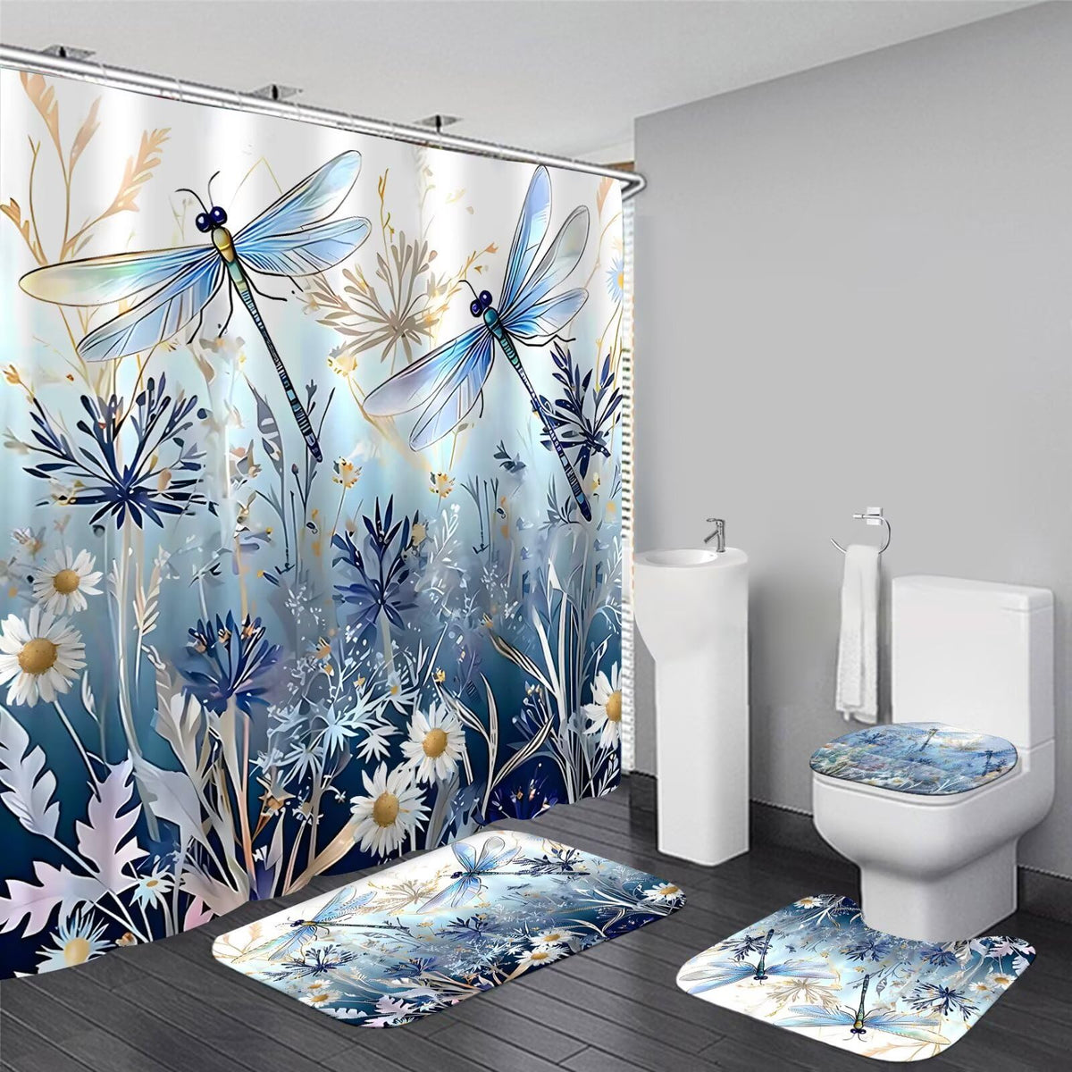 DDQQ 4Pcs Blue Flower Dragonfly Shower Curtain Set with Rugs, Floral Plant Neutral Bathroom Decor Set Waterproof Bathtub with Carpet Bath Mat Toilet