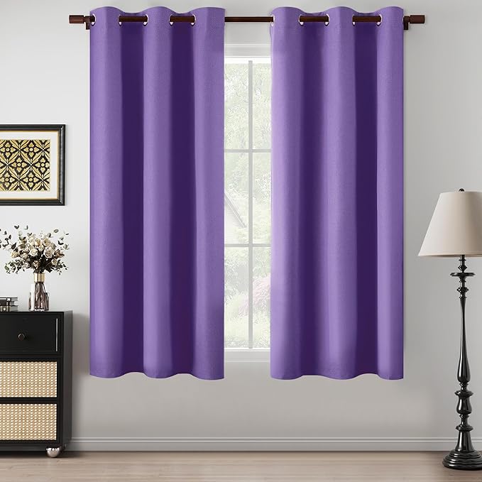 100% Blackout Purple Curtains 64 Inch Length for Bedroom, Linen Textured Heat Blocking Thermal Insulated Grommet Drapes for Kitchen, Purple, W37 x L64, 2 Panels