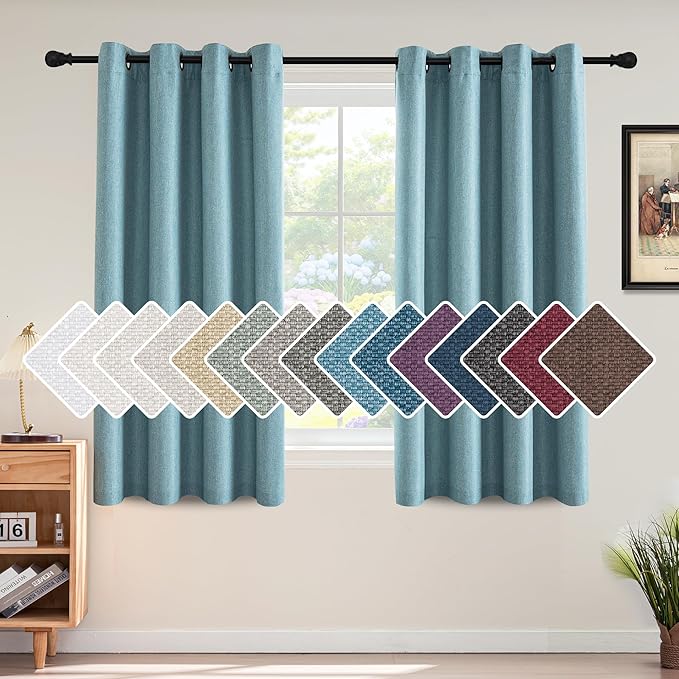 H.VERSAILTEX Linen Blackout Curtain 63 Inches Long for Bedroom/Living Room Thermal Insulated Grommet Linen Curtain Drapes Primitive Textured Burlap Effect Window Drapes 1 Panel, Heather Eggshell Blue
