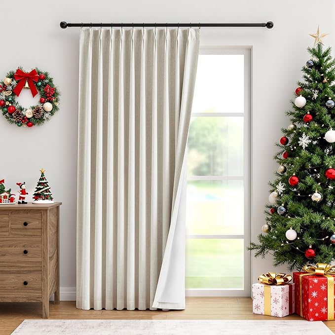 IVAPUPU Natural Pinch Pleated 100% Blackout Curtains Linen Blend Room Darkening Window Curtains 1 Panel for Living Room Bedroom Thermal Insulated Curtain Drapes with 12 Pcs Hooks 60''Wx112''L