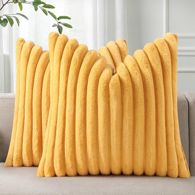 Pallene Faux Fur Plush Throw Pillow Covers 26x26 Set of 2, Luxury Soft Fluffy Striped Decorative Pillow Covers for Sofa, Couch, Living Room, Mustard Yellow