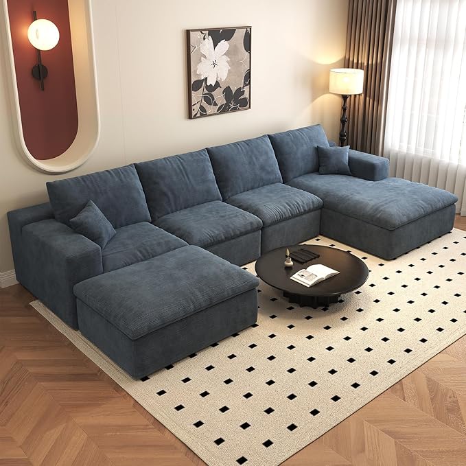 136.6'' U-Shaped Modern Modular Sectional Cloud Couch Whit Ottoman, 4-Seat Chenille Deep-Seat Sofa with Pillow for Living Room, Bedroom, Apartment, Ocean Blue