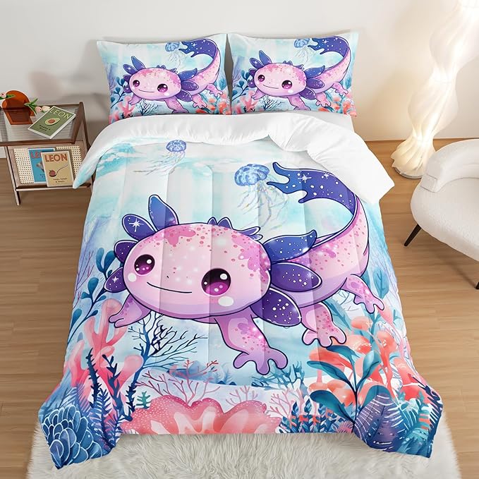 Cute Axolotl Bedding Set King Size,Color Axolotl Waterweed Jellyfish Pattern Toddler Bed Comforter Set,Kawaii Ocean Life Bedding Sets for Kids Boys Girls Room Decor with 2 Pillowcases.
