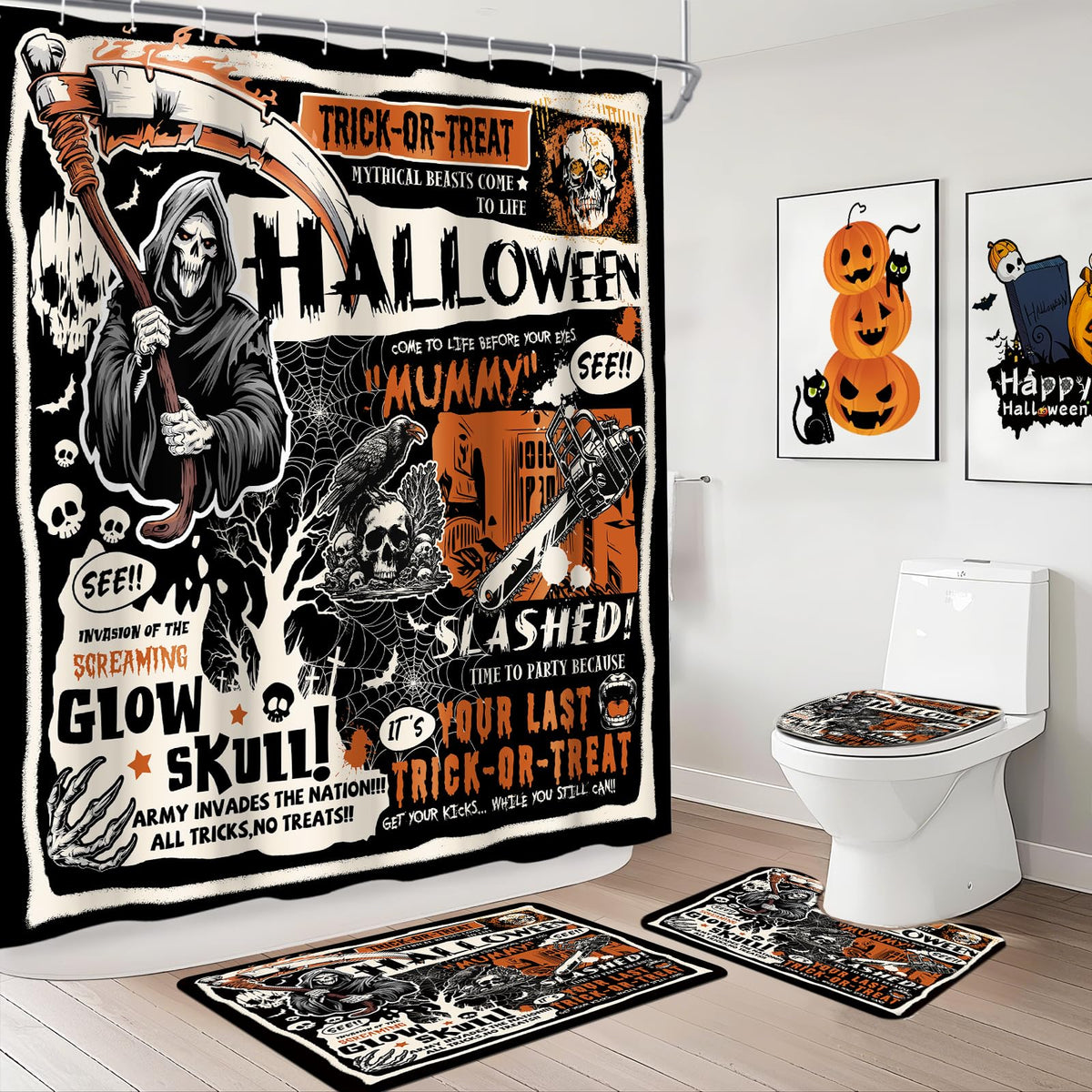 MEHOFOND Vintage Halloween Ghost Retro Spooky Shower Curtain Sets 4 Pcs