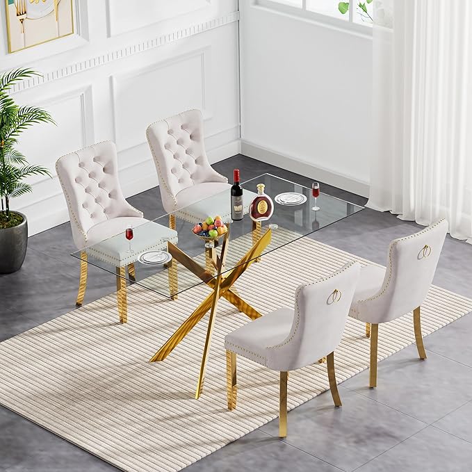 5 Piece Glass Dining Table Set with 4 Fabric Chairs, 51in Glass Gold Kitchen Table and Chair Set for 4, Beige Upholstered Chair, Modern Dining Room Set for 4, Metal Legs Home Kitchen Furniture