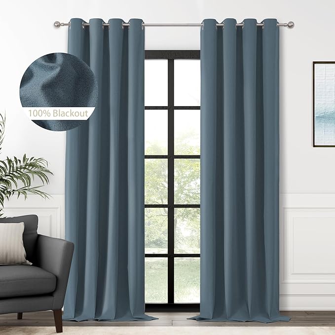 ChrisDowa 100% Blackout Blue Solid Curtains 108 Inches Long 2 Panels for Bedroom Living Room,Farmhouse Room Darkening Thermal Insulated Soundproof Grommet Top Window Treatment Drapes,52x108