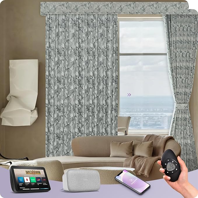 Graywind Rechargeable Smart Curtains Compatible with Alexa App Remote Control Motorized Drape for Sliding Door One-Way or Split Draw, Custom Width Up to 220" (Kapok Series)
