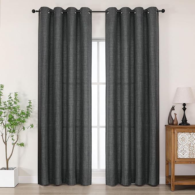 Chyhomenyc Coal Black Curtains 84 Inches Long 2 Panels Set, Light Filtering Faux Linen Textured Soft Airy Window Curtains for Living Room Bedroom, Thick Modern Privacy Grommet Drapes, 50Wx84L, 2PCS