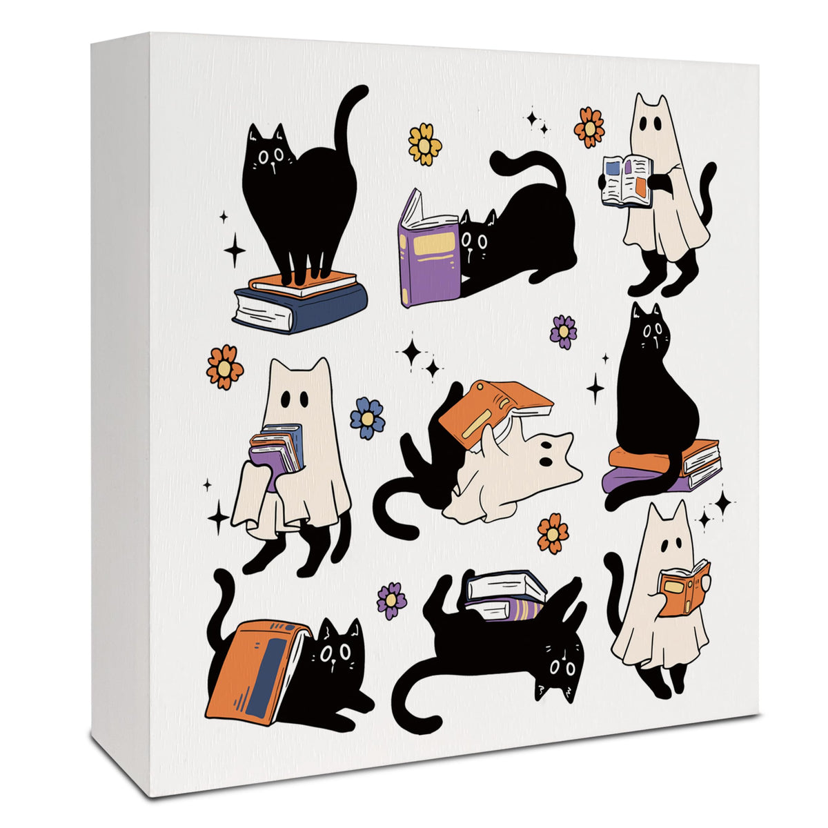 VIIJJUE Halloween Black Cat Book Wooden Box Sign, Reading Corner Nook Room Decor, Trendy Floral Halloween Cat Reader Wood Signs for Home Library Office Desk Table Shelf Decorations, 5x5 Inch